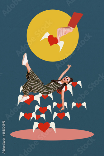 Creative poster collage of funny female falling love heart wings hand hold valentine day dating concept weird freak bizarre unusual fantasy photo