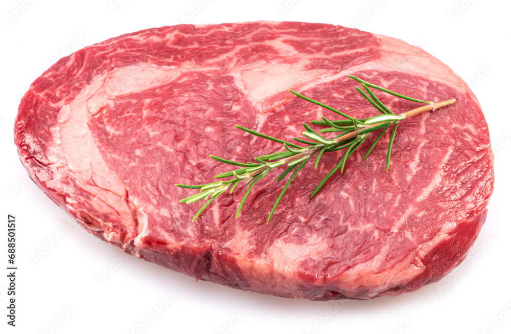Raw ribeye steak isolated on white background. Closeup.