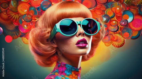 Fashion model with vibrant hairstyle and sunglasses. Modern style and glamour.