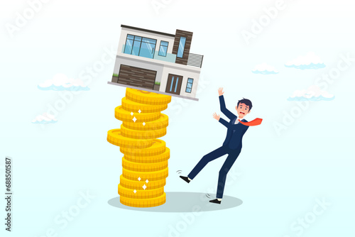 Businessman house owner or real estate agent help protect the house to fall off unstable stack of coins, property and housing market collapse, real estate stock risk or economic recession (Vector)