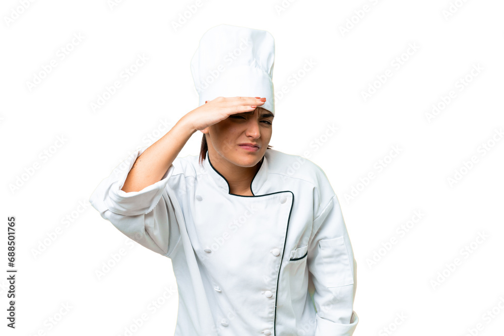 Young woman Chef over isolated chroma key background looking far away with hand to look something Young woman Chef over isolated chroma key background looking far away with hand to look something