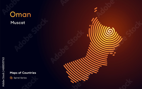 Abstract gold map of Oman with circle lines. identifying its capital city, Muscat African set. Spiral fingerprint series	
