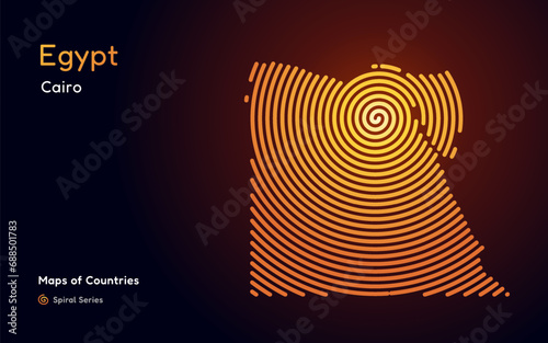 Abstract gold map of Egypt with circle lines. identifying its capital city, Cairo African set. Spiral fingerprint series	