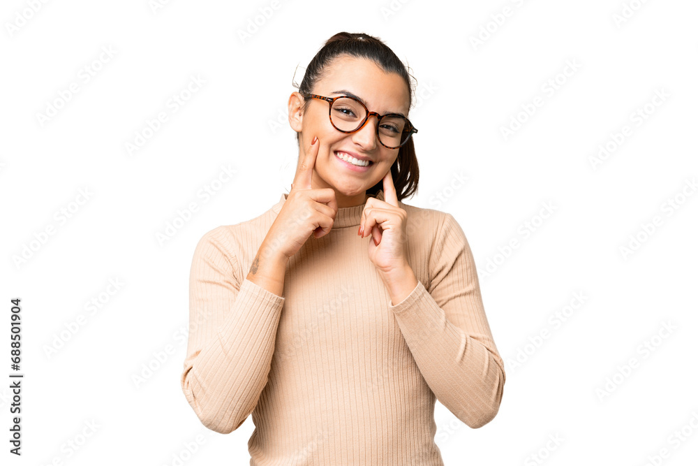 Young beauty woman over isolated chroma key background smiling with a happy and pleasant expression