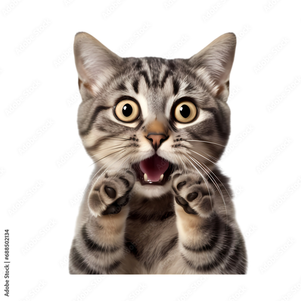 Surprised cat covering mouth with paw isolated on transparent background