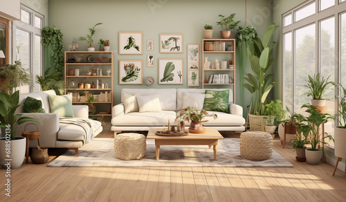interior of a cozy living room  with a lot of green plants