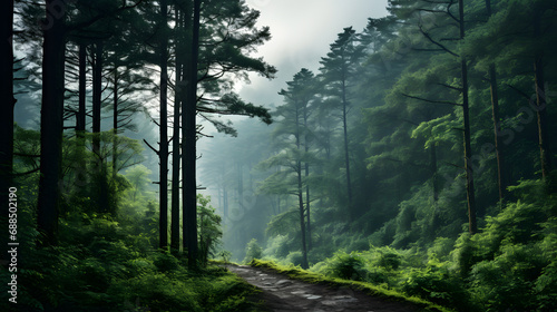 An expansive forest, with towering trees and a dense canopy as the background, during a misty morning