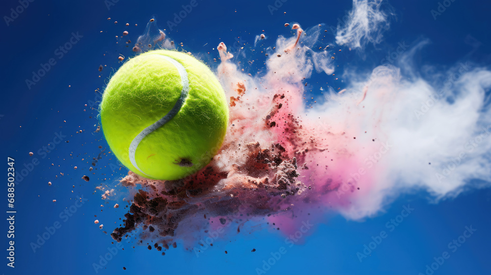 Tennis ball in clear sky with smoke