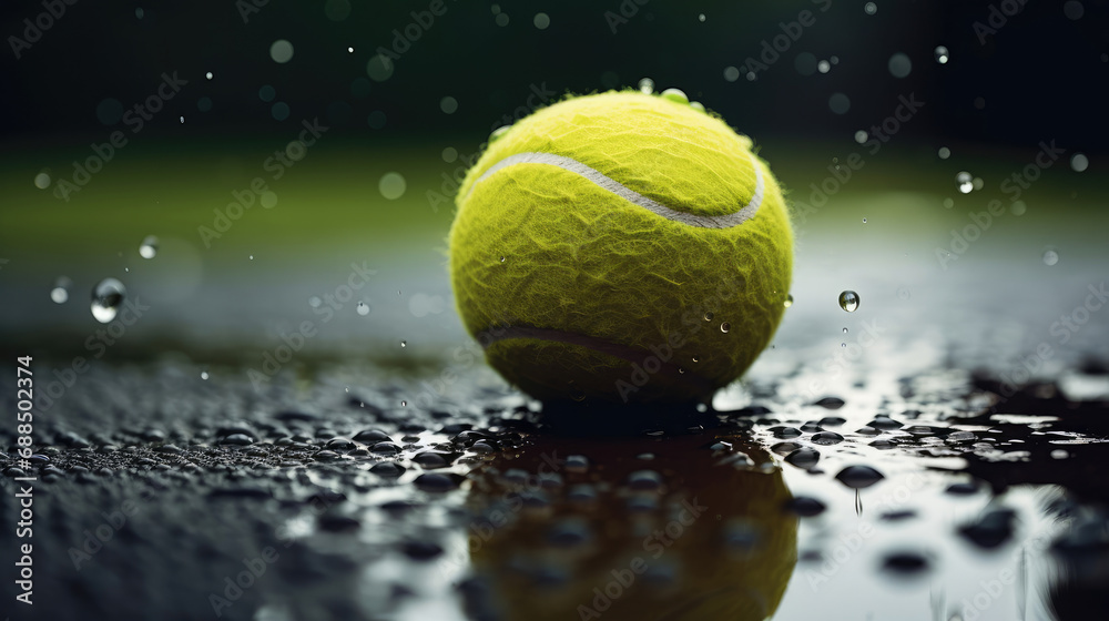 Tennis ball on rainy court visible reflections