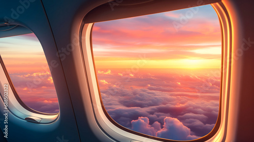 Beautiful scenic cloudscape of sunset through the aircraft window. Airplane window with amazing landscape at sunset. Business class tickets. Travel, tourism, flight concept