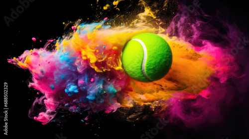 Tennis ball in swirling neon-colored smoke