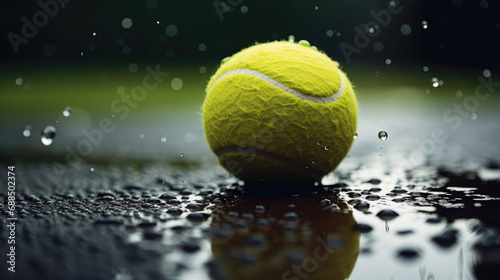 Tennis ball on rainy court visible reflections © javier