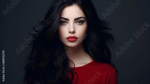 Portrait of beautiful young woman with bright maroon makeup. Beautiful brunette with bright cherry lipstick on her lips. Pretty girl with long black hair. Brunette with brightly colore. generative ai.