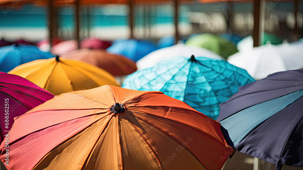 Poolside umbrellas vibrant fabric dynamic display Poolside umbrellas vibrant fabric dynamic display