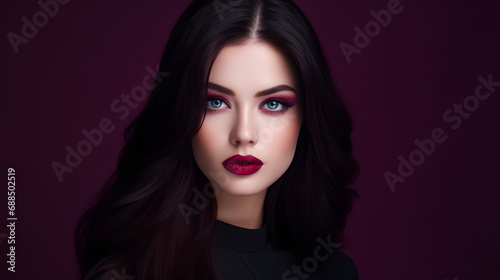 Portrait of beautiful young woman with bright maroon makeup. Beautiful brunette with bright cherry lipstick on her lips. Pretty girl with long black hair. Brunette with brightly colore. generative ai.