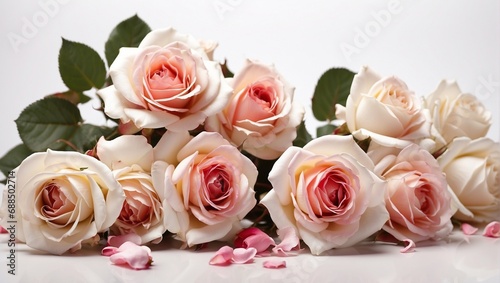 A beautiful composition of white and pink roses. A natural bouquet of flowers. Floristry  flowers - rose. A bouquet of flowers on a white background. Flowers for postcard  greeting  wedding.