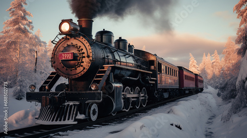 Old Steam Train Running Through The Woods of Winter Snow Background