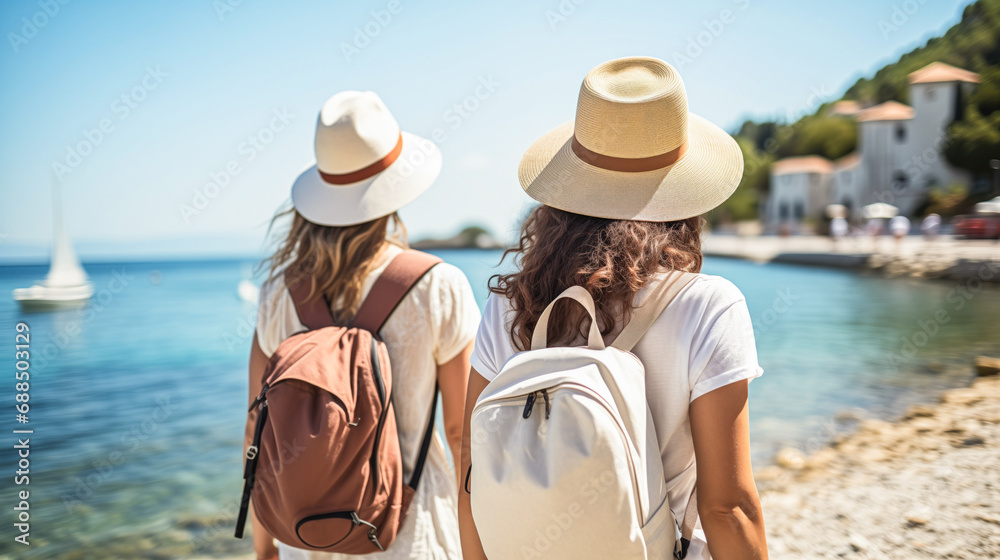 Holidays in Europe. Young women wearing hats and backpacks walking the European streets. Traveling, Europe trip, holidays tour, vacation. Back view. Tourists exploring new city