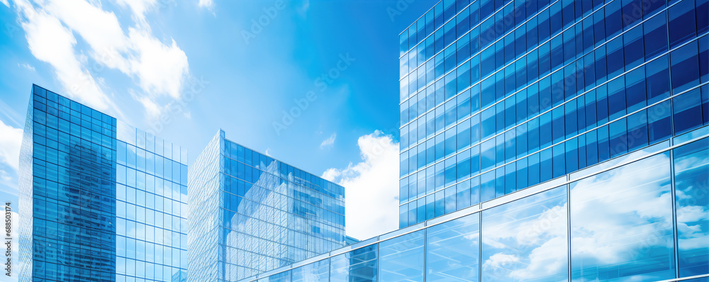 Fototapeta premium Blue glass on windows against blue sky. Skyscraper reflecting