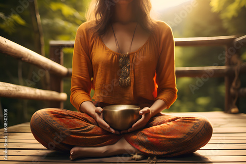 Portrait of Female yoga teacher playing tibetan bowl or singing bell on a wooden bridge on nature at yoga retreat, close up on hands. generative ai. photo