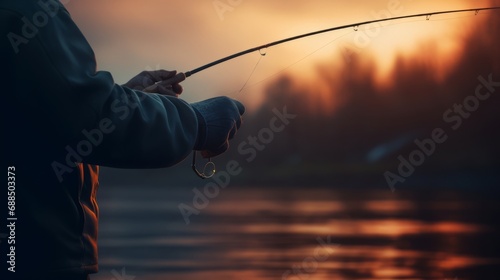 釣り竿を振り上げる男性と夕暮れの景色 photo