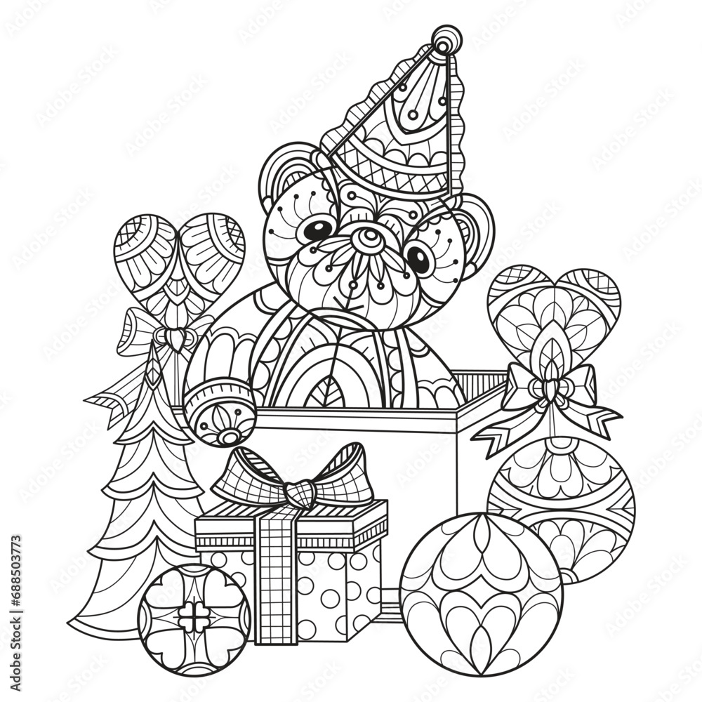 Teddy bear in gift box hand drawn for adult coloring book