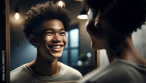 African American boy in braces looks at his reflection in the mirror. Young black man smile with tooth brace.  photo