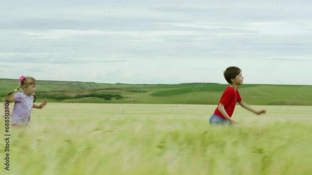 Little Kids Having Fun in the Summer Meadow. Best friends Playing Catch-up Outdoors in Summertime. Happy Carefree Childhood Concept Little Kids Having Fun in the Summer Meadow. Best friends Playing Catch-up Outdoors in Summertime. Happy Carefree Childhood Concept