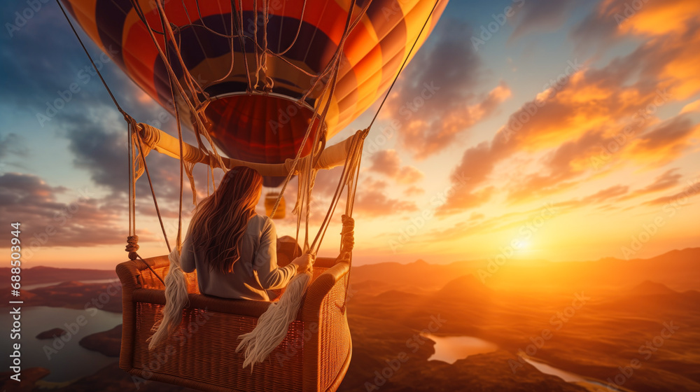 Woman enjoying view from hot air balloon during flight over beautiful landscape at sunset. Themes adventure, freedom and travel. Dreams come true, happiness, success concept