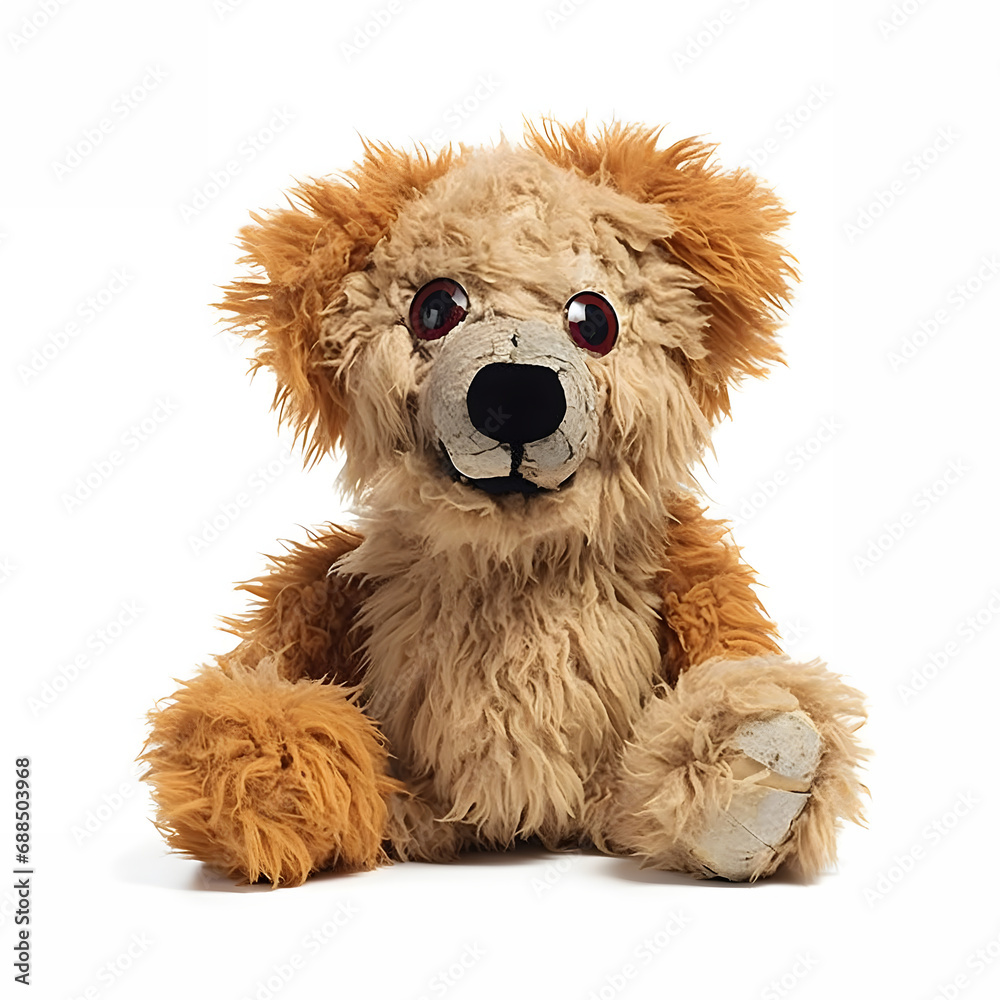 Bear toy made of fur, mad crazy single crooked waste ugly defective, raw, ragged, isolated on white background
