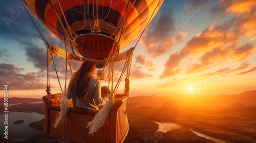 Woman enjoying view from hot air balloon during flight over beautiful landscape at sunset. Themes adventure, freedom and travel. Dreams come true, happiness, success concept photo