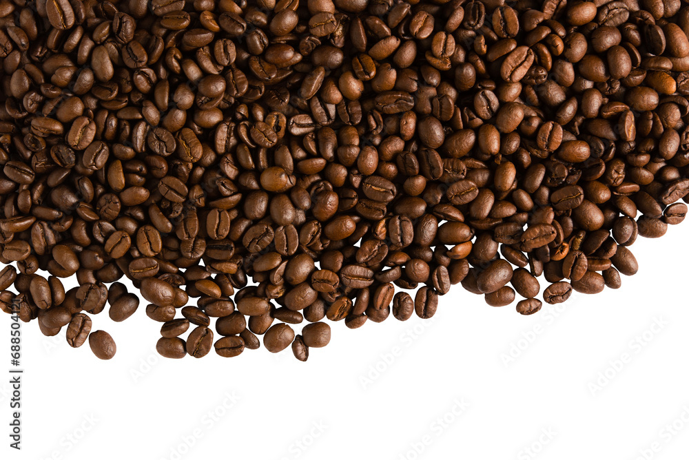 Fototapeta premium Roasted coffee beans, png, isolated on transparent background. Top view of coffee. Copy space for text. Border.