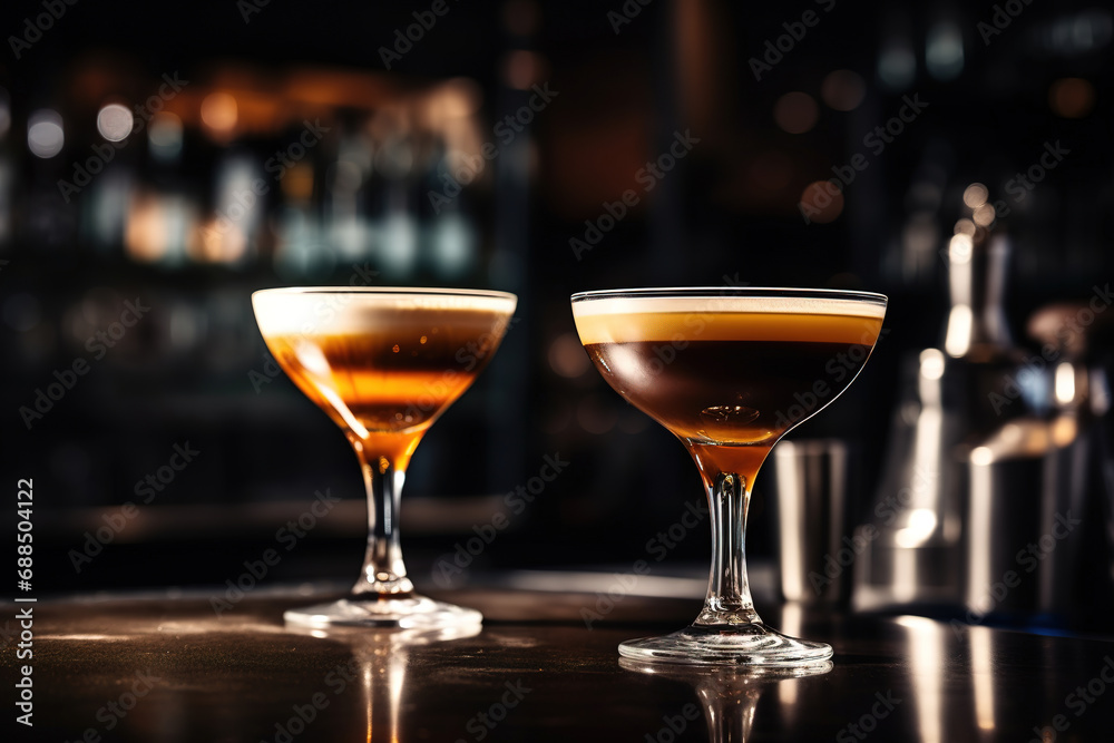 close up of a glass of esspresso martini with blurred Bartender and bar in the back with empty copy space close up of a glass of esspresso martini with blurred Bartender and bar in the back with empty copy space