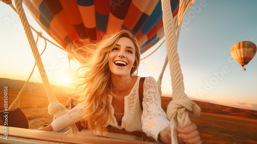 Happy young beautiful woman has unforgettable experience during the hot air balloon flight at sunset over the fairytale landscape. Dreams come true, happiness, freedom, success concept