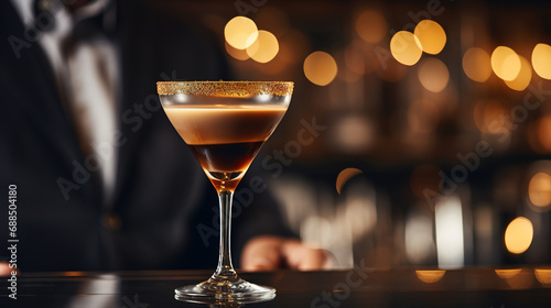close up of a glass of esspresso martini with blurred Bartender and bar in the back with empty copy space 