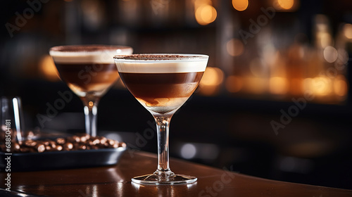 close up of a glass of esspresso martini with blurred Bartender and bar in the back with empty copy space 