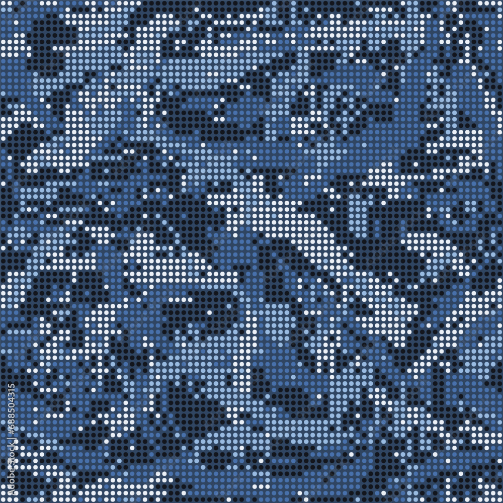 Halftone digital navy camouflage.  LED screen pattern in dark blue tones, camo grid, polka dot background. Seamless vector texture