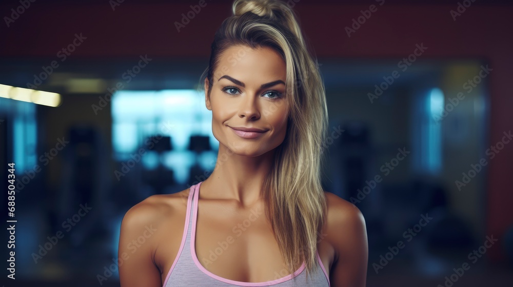 Charming, attractive fitness woman trainer, professional close up portrait photo, blurred gym background, blank space for text Charming, attractive fitness woman trainer, professional close up portrait photo, blurred gym background, blank space for text