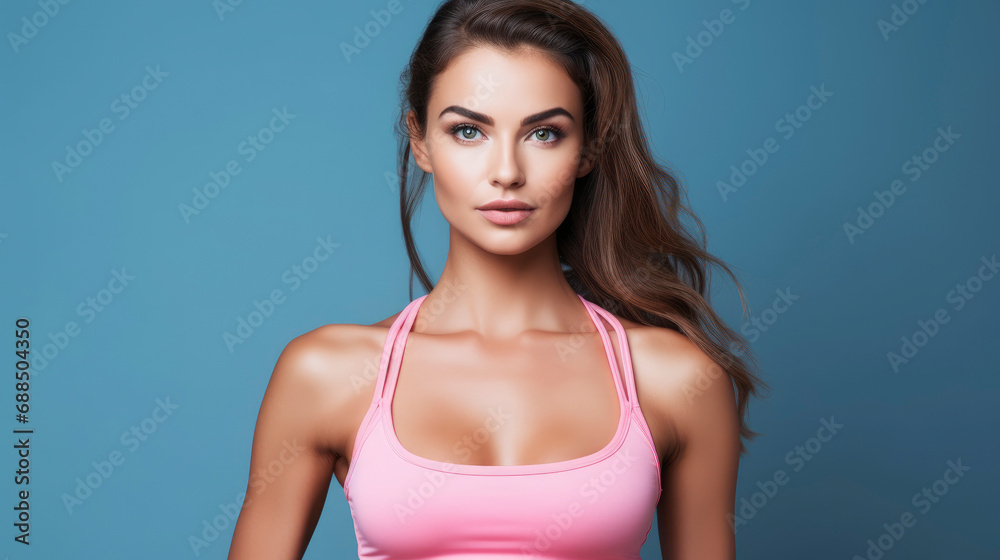 Charming, attractive fitness woman trainer, professional close up portrait photo, solid bright color background, blank space for text Charming, attractive fitness woman trainer, professional close up portrait photo, solid bright color background, blank space for text