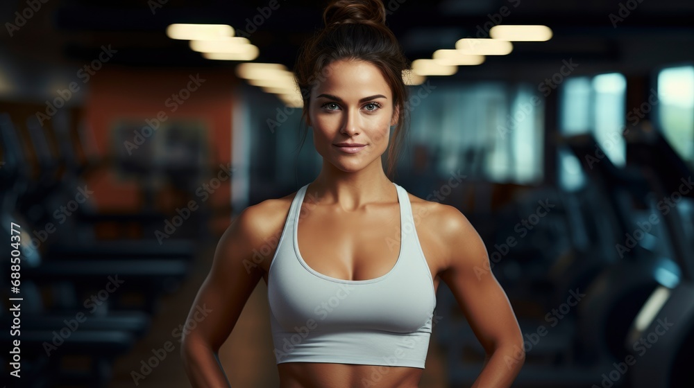 Fototapeta premium Charming, attractive fitness woman trainer, professional close up portrait photo, blurred gym background, blank space for text