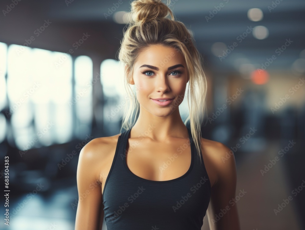 Charming, attractive fitness woman trainer, professional close up portrait photo, blurred gym background, blank space for text