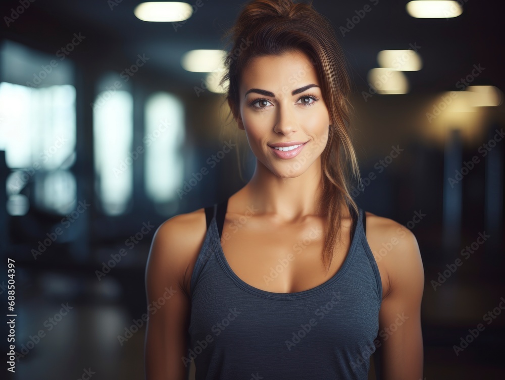 Charming, attractive fitness woman trainer, professional close up portrait photo, blurred gym background, blank space for text