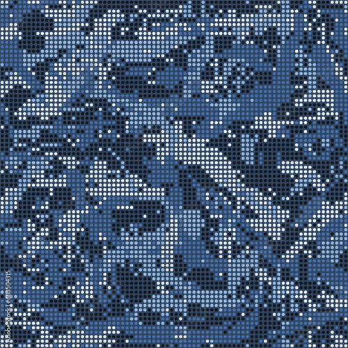 Halftone digital navy camouflage. LED screen pattern in dark blue tones, camo grid, polka dot background. Seamless vector texture