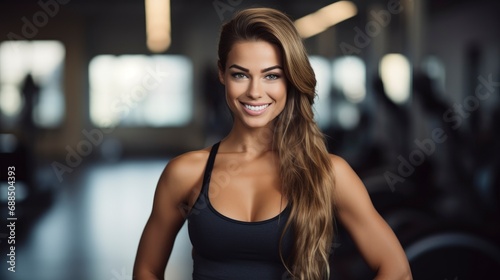Charming  attractive fitness woman trainer  professional close up portrait photo  blurred gym background  blank space for text