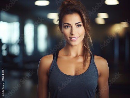 Charming, attractive fitness woman trainer, professional close up portrait photo, blurred gym background, blank space for text Free Download Charming, attractive fitness woman trainer, professional close up portrait photo, blurred gym background, blank space for text - GFXLoad
