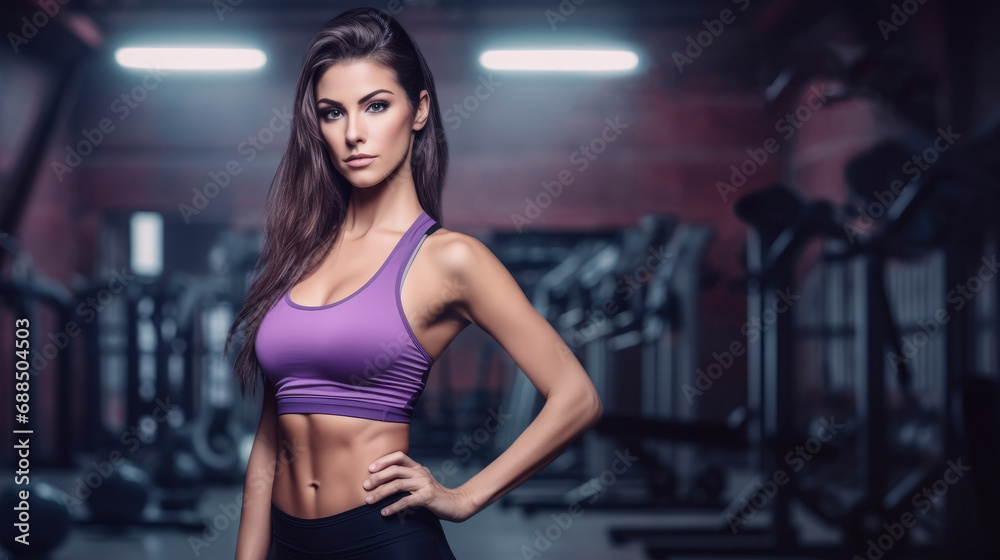 Charming, confident and attractive fitness woman trainer in lingerie over gym background with copy space, banner