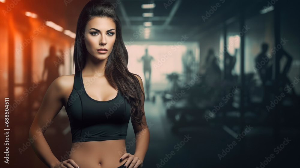 Charming, confident and attractive fitness woman trainer in lingerie over gym background with copy space, banner