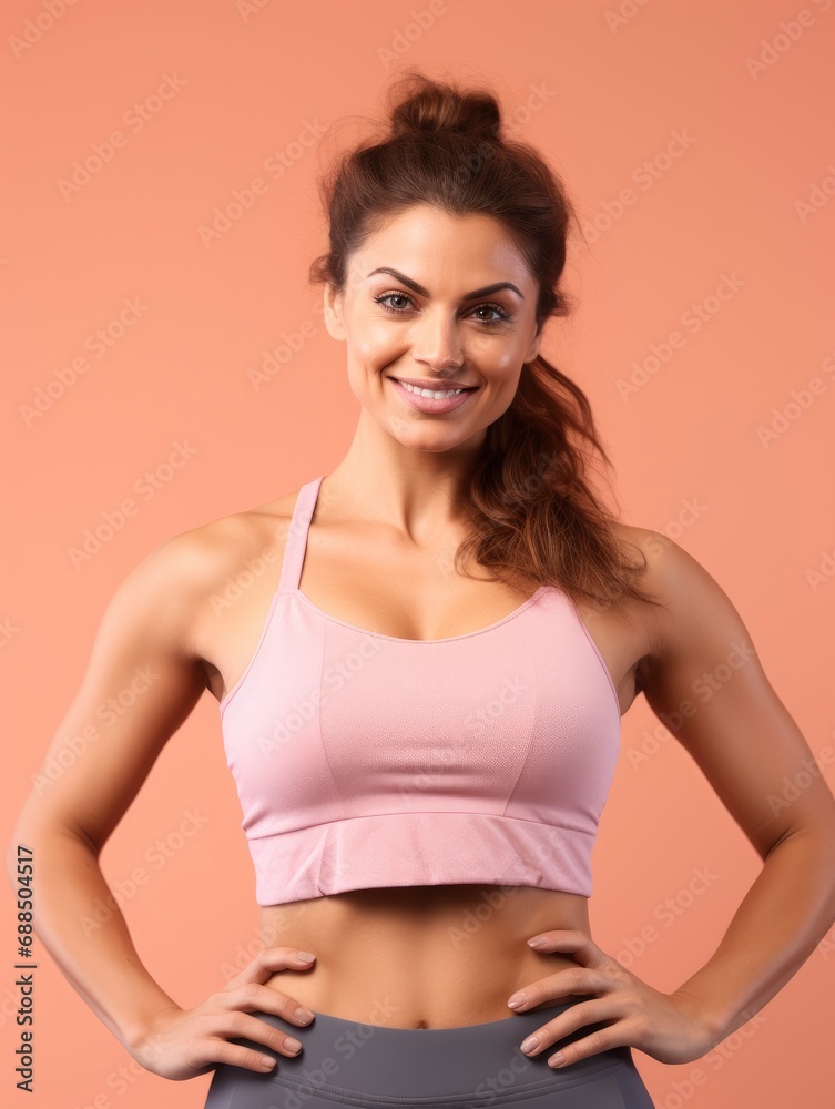 Obraz premium Charming, confident and attractive fitness woman trainer, professional 3/4 body photo, solid bright color background