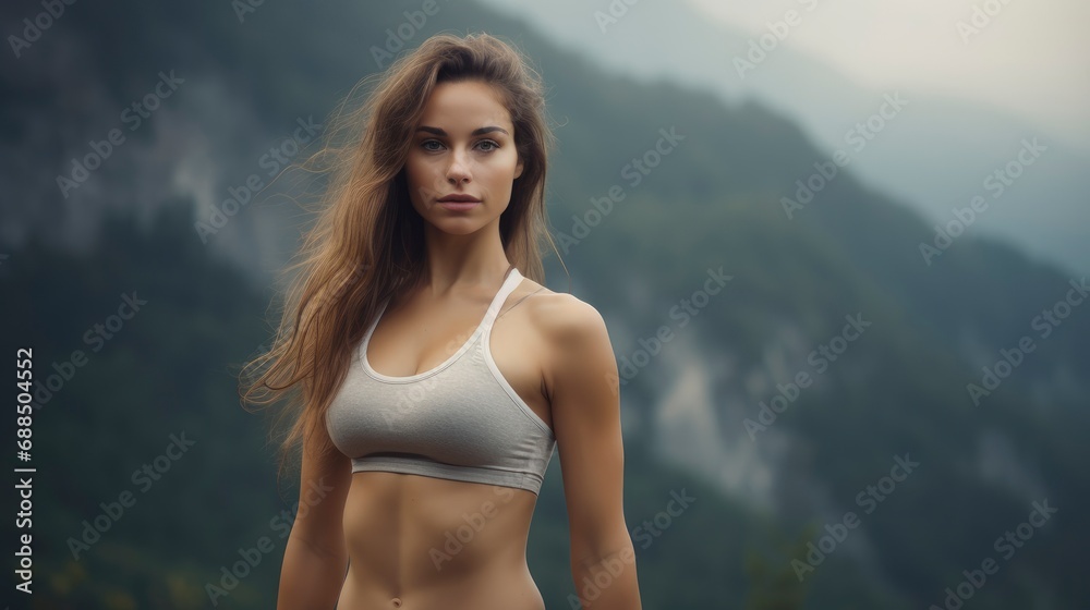 Charming, confident and attractive fitness woman trainer in tight lingerie over beautiful landscape background with copy space, banner