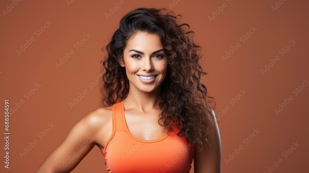 Charming, confident and attractive fitness woman trainer, professional close up portrait photo, solid bright color background, banner with free space for text Charming, confident and attractive fitness woman trainer, professional close up portrait photo, solid bright color background, banner with free space for text